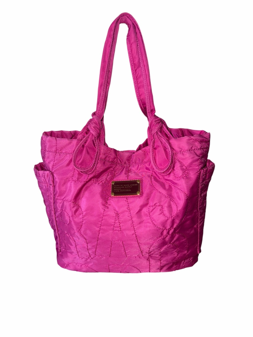 Marc by Marc Jacobs Pink Quilted Heart Nylon Tote Bag Gold Logo Plaque Authentic